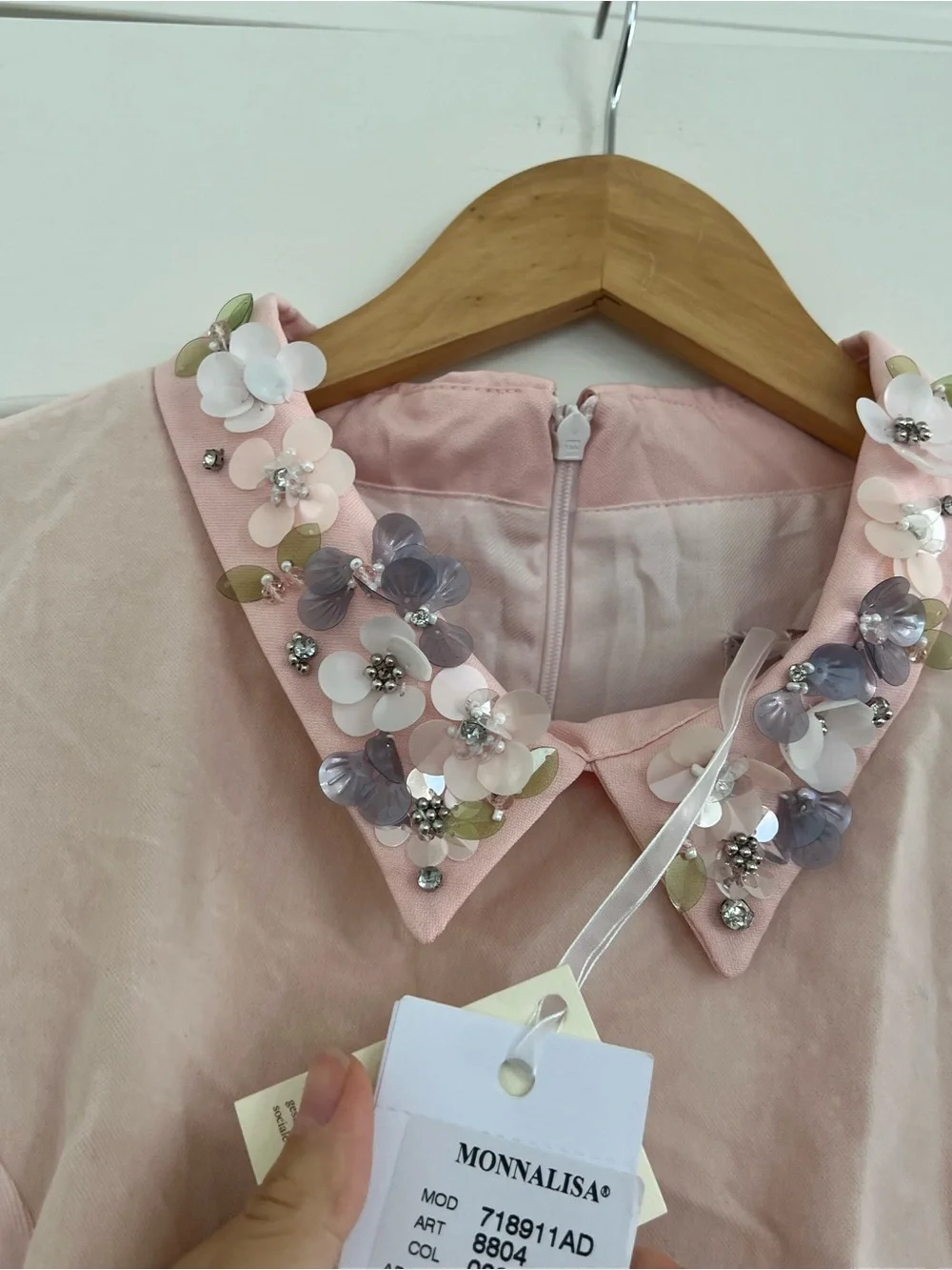 MonnaLisa Blush Pink Floral-Appliqué Collar Tulle Dress